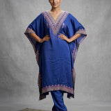 Deep Royal Blue Cotton Kaftan With Gold Embroidered V-Neckline & Churidar Set