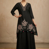 Jet Black Cotton Straight Kurti With Embroidered V-Neckline & Colorful Tassel Border