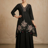 Jet Black Cotton Straight Kurti With Embroidered V-Neckline & Colorful Tassel Border