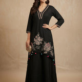 Jet Black Cotton Straight Kurti With Embroidered V-Neckline & Colorful Tassel Border