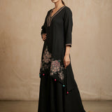 Jet Black Cotton Straight Kurti With Embroidered V-Neckline & Colorful Tassel Border