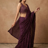 Wine Purple Sequin Embellished Drape Saree With Embroidered Blouse