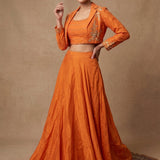 Burnt Orange Lehenga With Embellished Crop Top And Embroidered Blazer Jacket