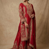 Red Gold Zardozi Embroidered Kurta With Sharara Set