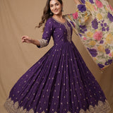 Deep Purple Embroidered Silk Anarkali Set With Floral Dupatta