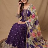 Deep Purple Embroidered Silk Anarkali Set With Floral Dupatta