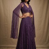 Deep Purple Sequined Lehenga Set With Attached Choker Cape