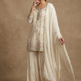 Off-White Embroidered Sharara Set With Floral Accents