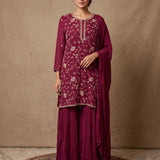 Burgundy Floral Embroidered Sharara Suit With Matching Dupatta