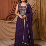 Deep Purple Sequin Embellished Anarkali Set With Floral Embroidered Yoke