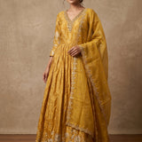 Mustard Yellow Embroidered Silk Anarkali Set With Organza Dupatta