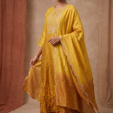 Yellow Ombré Mirror Embroidered Kurta Set With Scalloped Dupatta