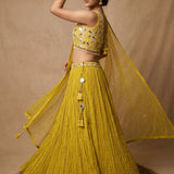 Lime Yellow Mirror Work Lehenga Set With Tasseled Latkan