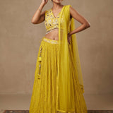 Lime Yellow Mirror Work Lehenga Set With Tasseled Latkan