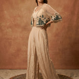 Beige Floral Embroidered Jacket Set With Palazzo Pants