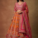 Orange & Magenta Multicolor Zardozi Embroidered Bridal Lehenga Set