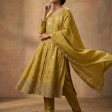 Mustard Gold Woven Floral Front-Slit Anarkali Set