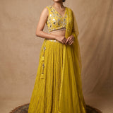 Lime Yellow Mirror Work Lehenga Set With Tasseled Latkan