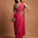 Hot Pink Embellished Drape Saree With Coordinating Belt