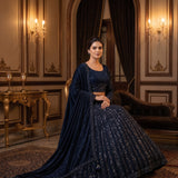 Midnight Navy Velvet Bridal Lehenga Set With Sequin Stripe Embellishment