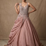 Dusty Mauve Pink Indo-Western Gown With 3D Floral Appliqué Bodice