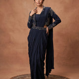 Navy Blue Pre-Draped Saree Gown With Embellished Long Jacket