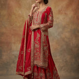Red Zari Embroidered Kurta Sharara Set With Floral Printed Dupatta