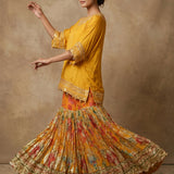Mustard Floral Foil-Print Lehenga With Mirror-Embellished Kaftan Top
