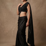 Black Satin Pre-Draped Saree Gown With Embellished Cutout Blouse