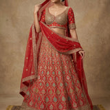 Classic Red Gold Zari Embroidered Bridal Lehenga Set