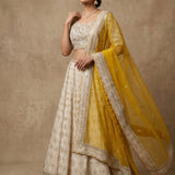 Off-White Embroidered Lehenga Set With Contrasting Mustard Yellow Dupatta