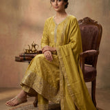 Mustard Gold Woven Floral Front-Slit Anarkali Set