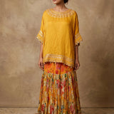 Mustard Floral Foil-Print Lehenga With Mirror-Embellished Kaftan Top
