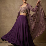 Purple Lehenga With Embroidered Crop Top And Metallic Striped Cape