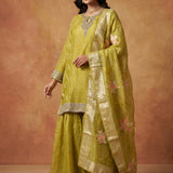 Mehendi Green Sequin Embellished Sharara Set With Zari Border Dupatta