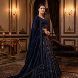 Midnight Navy Velvet Bridal Lehenga Set With Sequin Stripe Embellishment