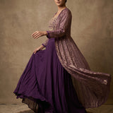 Purple Lehenga With Embroidered Crop Top And Metallic Striped Cape