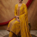 Mustard Yellow Salwar Set With Multicolor Mirror Embroidered Placket