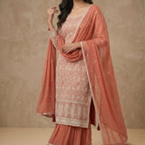 Peach Chikankari Embroidered Sharara Set With Sequin Dupatta