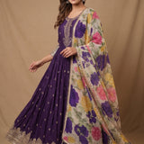 Deep Purple Embroidered Silk Anarkali Set With Floral Dupatta