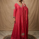 Coral Red Minimal Embroidered Anarkali Set