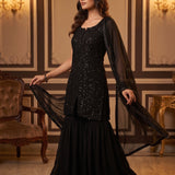Black Sequin Embellished Sharara Set