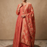 Rust Orange Polka Jacquard Anarkali Set With Banarasi Weave Dupatta