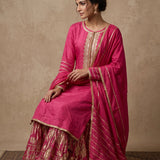Rani Pink Gold Bordered Sharara Suit With Brocade Bottom