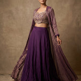Purple Lehenga With Embroidered Crop Top And Metallic Striped Cape