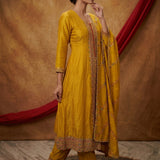 Mustard Yellow Salwar Set With Multicolor Mirror Embroidered Placket