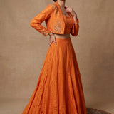 Burnt Orange Lehenga With Embellished Crop Top And Embroidered Blazer Jacket