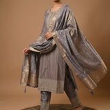 Grey All-Over Butti Silk Straight Suit Set