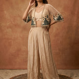 Beige Floral Embroidered Jacket Set With Palazzo Pants
