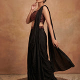 Black Drape Saree With Maroon Sequin Embellished Blouse
